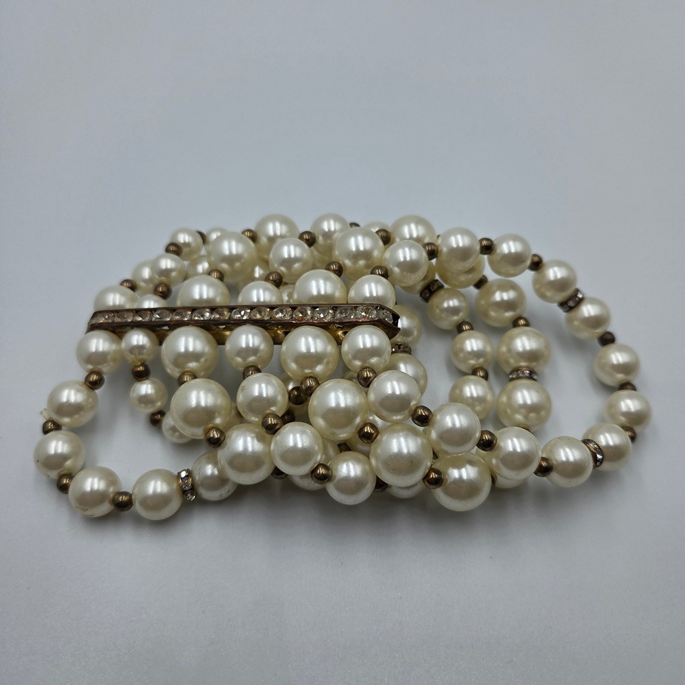 Unbranded Faux Pearl Bracelet Multi Strand Stretch Rhinestone Wide Cuff Cream